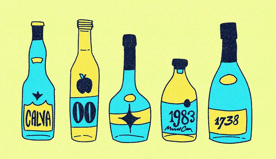 A blue and yellow illustration of various bottles of alcohol.